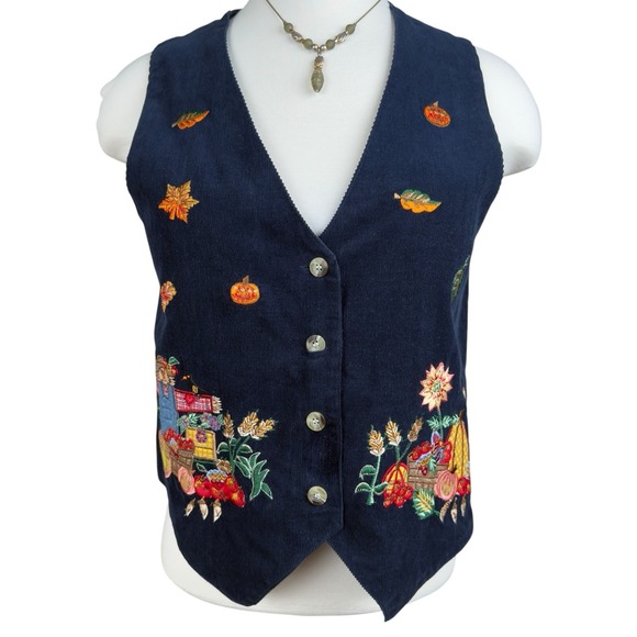 Victoria Jones Woman Jackets & Blazers - Victoria Jones Petites Fall Harvest Embroidered Corduroy Vest Pumpkins Scarecrow